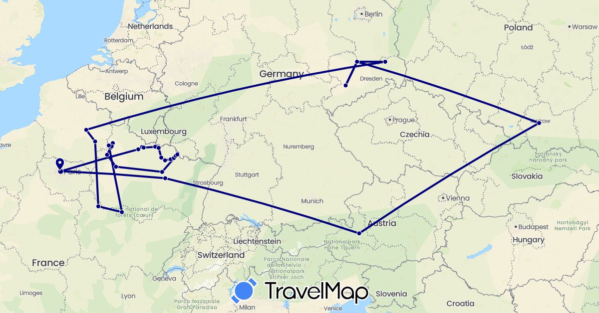 TravelMap itinerary: driving in Austria, Germany, France, Poland (Europe)