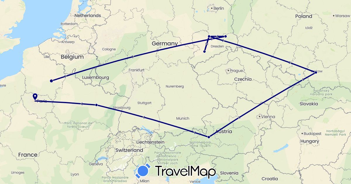 TravelMap itinerary: driving in Austria, Germany, France, Poland (Europe)
